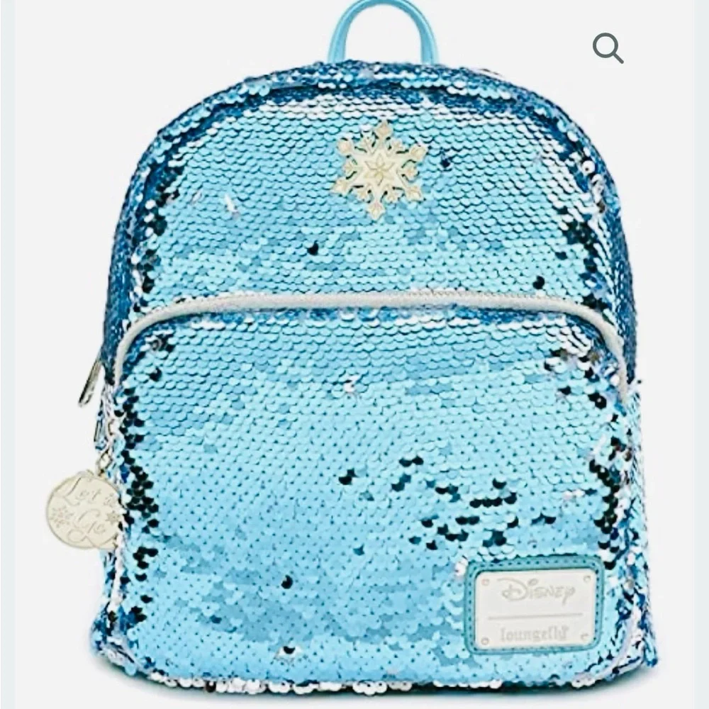 Loungefly Disney Frozen Elsa Reversible Sequin Backpack in Blue  and Silver - Picture 11 of 15